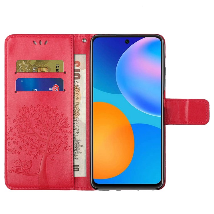 For Samsung Galaxy M23 5G/F23 5G PU Leather Imprinted Owl Tree Pattern Case Folding Stand Wallet Flip Cover with Strap - Red