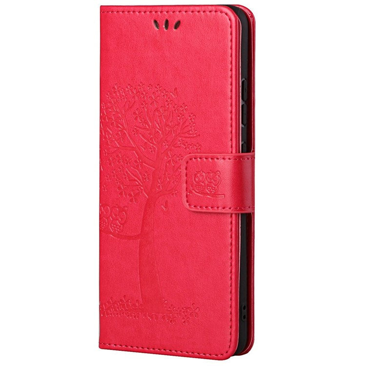 For Samsung Galaxy M23 5G/F23 5G PU Leather Imprinted Owl Tree Pattern Case Folding Stand Wallet Flip Cover with Strap - Red