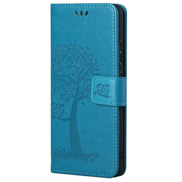 For Samsung Galaxy M23 5G/F23 5G3 PU Leather Imprinted Owl Tree Pattern Case Folding Stand Wallet Flip Cover with Strap - Blue