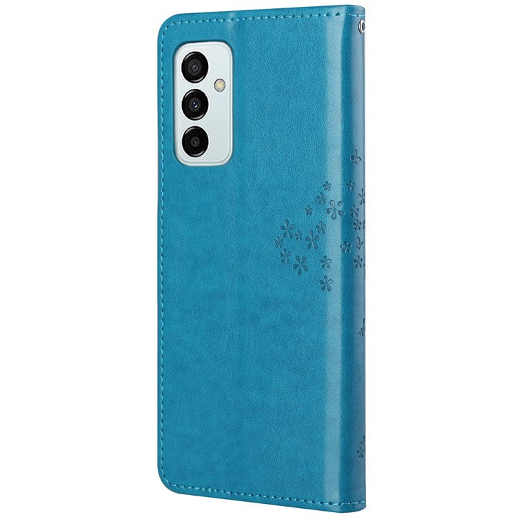 For Samsung Galaxy M23 5G/F23 5G3 PU Leather Imprinted Owl Tree Pattern Case Folding Stand Wallet Flip Cover with Strap - Blue