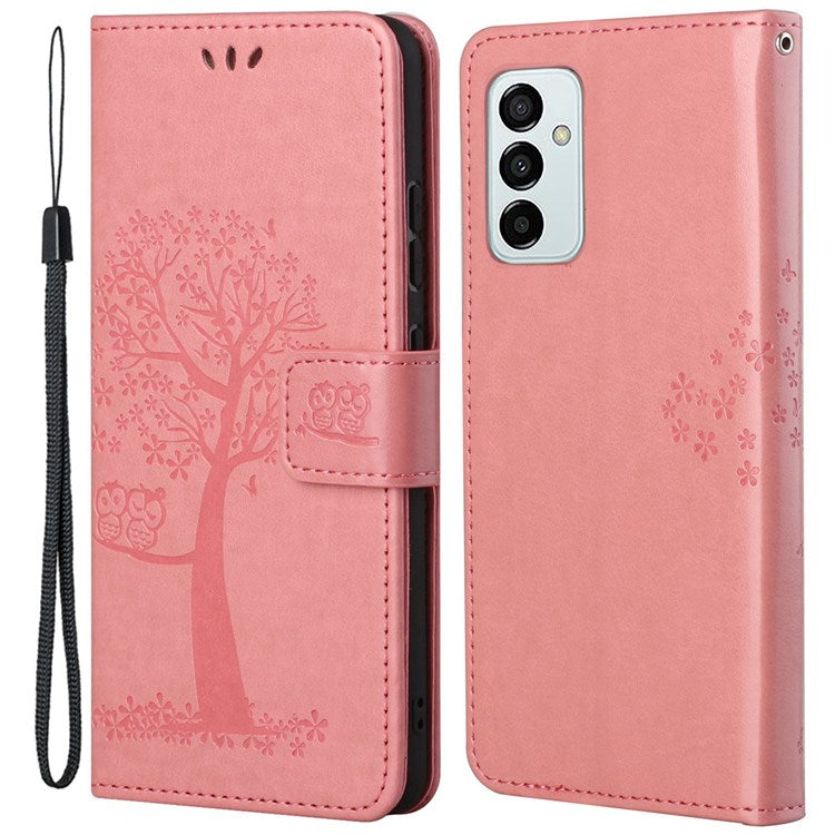 For Samsung Galaxy M23 5G/F23 5G PU Leather Imprinted Owl Tree Pattern Case Folding Stand Wallet Flip Cover with Strap - Pink