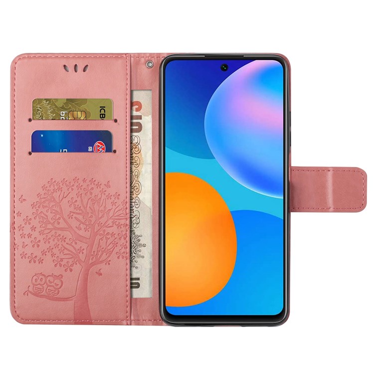 For Samsung Galaxy M23 5G/F23 5G PU Leather Imprinted Owl Tree Pattern Case Folding Stand Wallet Flip Cover with Strap - Pink