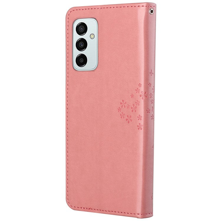 For Samsung Galaxy M23 5G/F23 5G PU Leather Imprinted Owl Tree Pattern Case Folding Stand Wallet Flip Cover with Strap - Pink