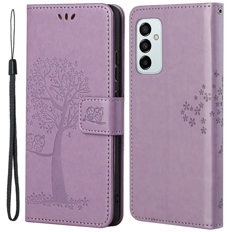 For Samsung Galaxy M23 5G/F23 5G PU Leather Imprinted Owl Tree Pattern Case Folding Stand Wallet Flip Cover with Strap - Purple