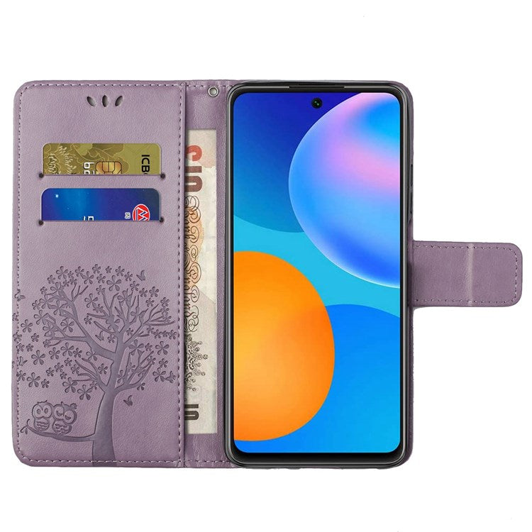 For Samsung Galaxy M23 5G/F23 5G PU Leather Imprinted Owl Tree Pattern Case Folding Stand Wallet Flip Cover with Strap - Purple
