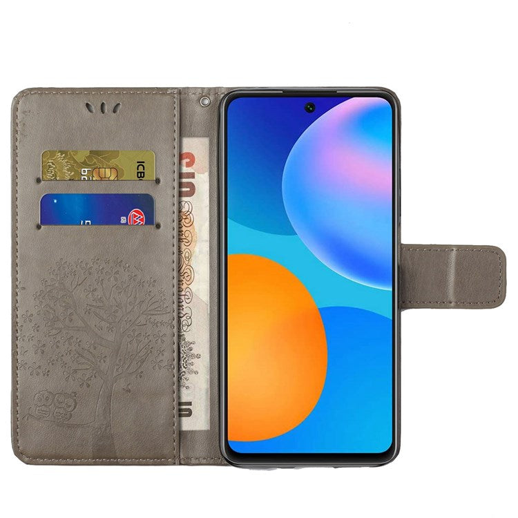 For Samsung Galaxy M23 5G/F23 5G PU Leather Imprinted Owl Tree Pattern Case Folding Stand Wallet Flip Cover with Strap - Grey