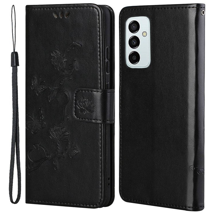 For Samsung Galaxy M23 5G/F23 5G Imprinted Butterfly Flower Pattern Leather Case Wallet Stand Cover with Strap - Black