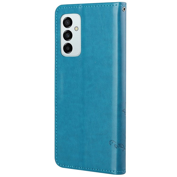 For Samsung Galaxy M23 5G/F23 5G Imprinted Butterfly Flower Pattern Leather Case Wallet Stand Cover with Strap - Blue
