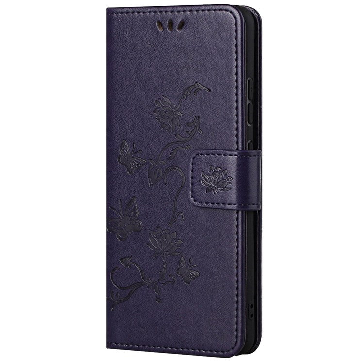 For Samsung Galaxy M23 5G/F23 5G Imprinted Butterfly Flower Pattern Leather Case Wallet Stand Cover with Strap - Dark Purple