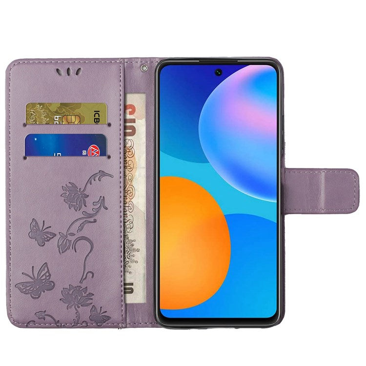 For Samsung Galaxy M23 5G/F23 5G Imprinted Butterfly Flower Pattern Leather Case Wallet Stand Cover with Strap - Purple