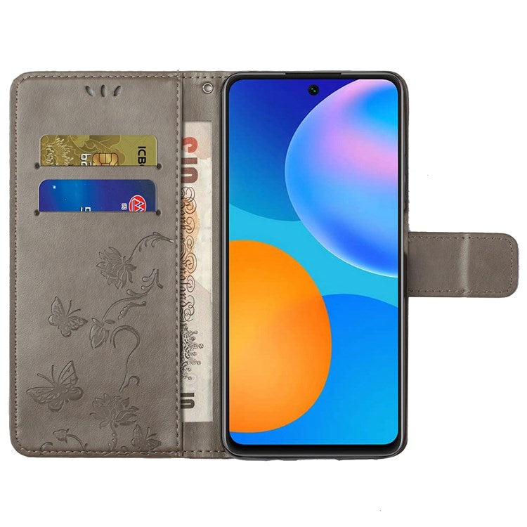 For Samsung Galaxy M23 5G/F23 5G Imprinted Butterfly Flower Pattern Leather Case Wallet Stand Cover with Strap - Grey