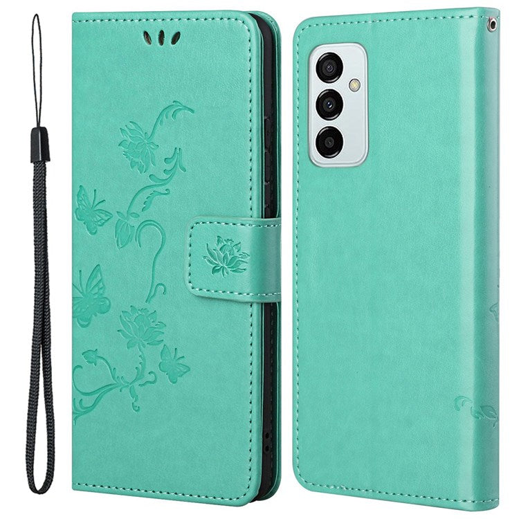 For Samsung Galaxy M23 5G/F23 5G Imprinted Butterfly Flower Pattern Leather Case Wallet Stand Cover with Strap - Green