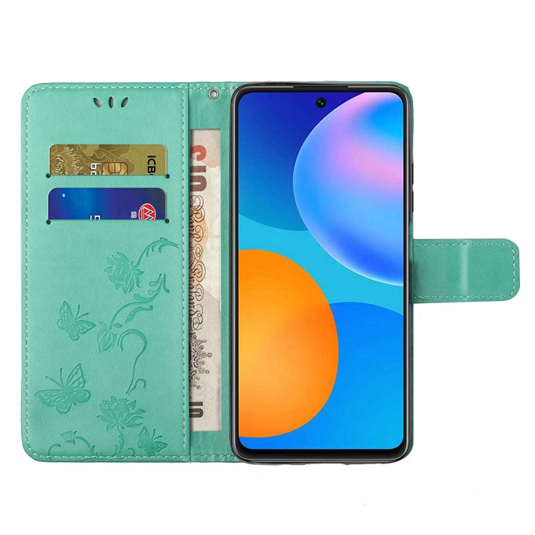 For Samsung Galaxy M23 5G/F23 5G Imprinted Butterfly Flower Pattern Leather Case Wallet Stand Cover with Strap - Green