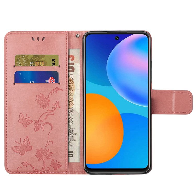 For Samsung Galaxy M23 5G/F23 5G Imprinted Butterfly Flower Pattern Leather Case Wallet Stand Cover with Strap - Pink
