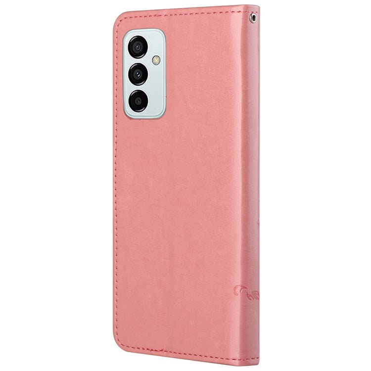 For Samsung Galaxy M23 5G/F23 5G Imprinted Butterfly Flower Pattern Leather Case Wallet Stand Cover with Strap - Pink