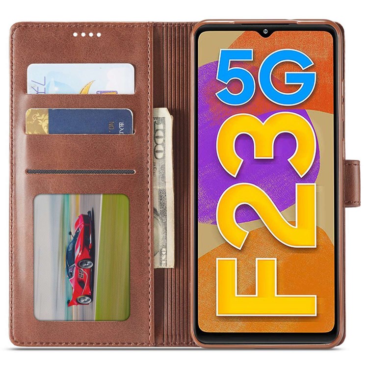LC.IMEEKE For Samsung Galaxy M23 5G/F23 5G Textured PU Leather Magnetic Clasp Phone Case with Wallet Stand - Light Brown