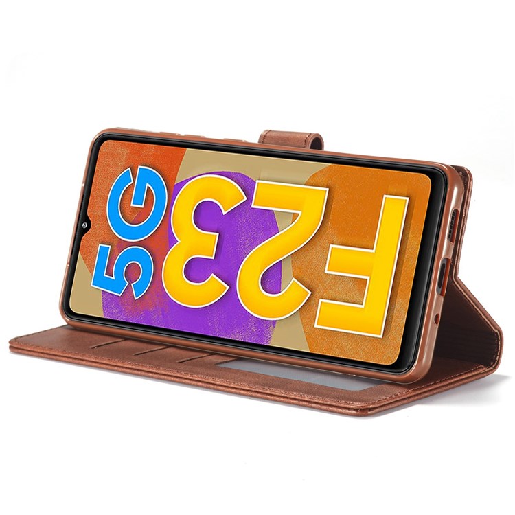 LC.IMEEKE For Samsung Galaxy M23 5G/F23 5G Textured PU Leather Magnetic Clasp Phone Case with Wallet Stand - Light Brown