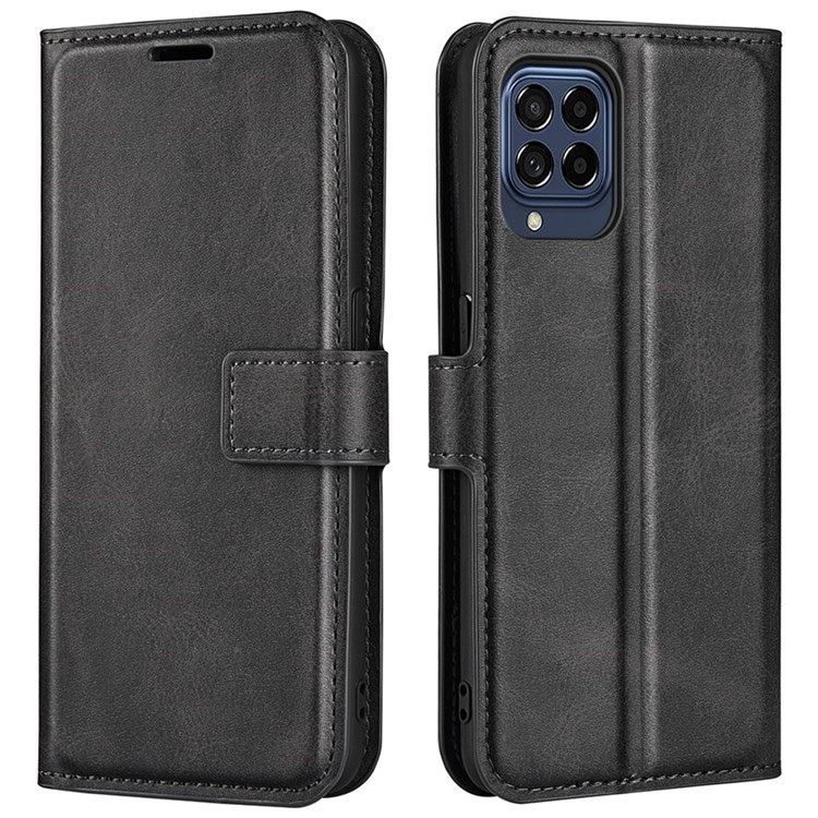 For Samsung Galaxy M33 5G (Global Version) Magnetic Clasp Textured PU Leather Stand Phone Case Wallet Folio Flip Cover - Black
