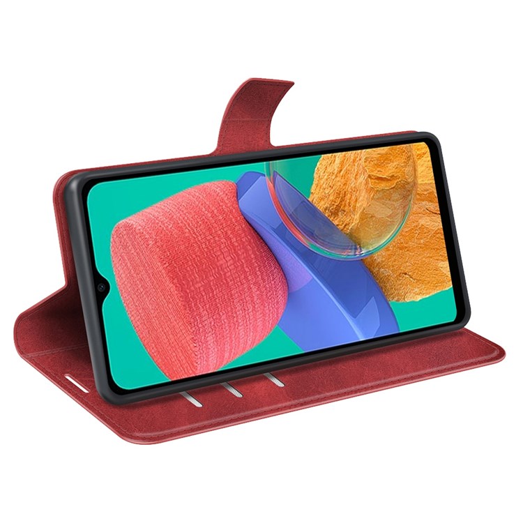 For Samsung Galaxy M33 5G (Global Version) Magnetic Clasp Textured PU Leather Stand Phone Case Wallet Folio Flip Cover - Red