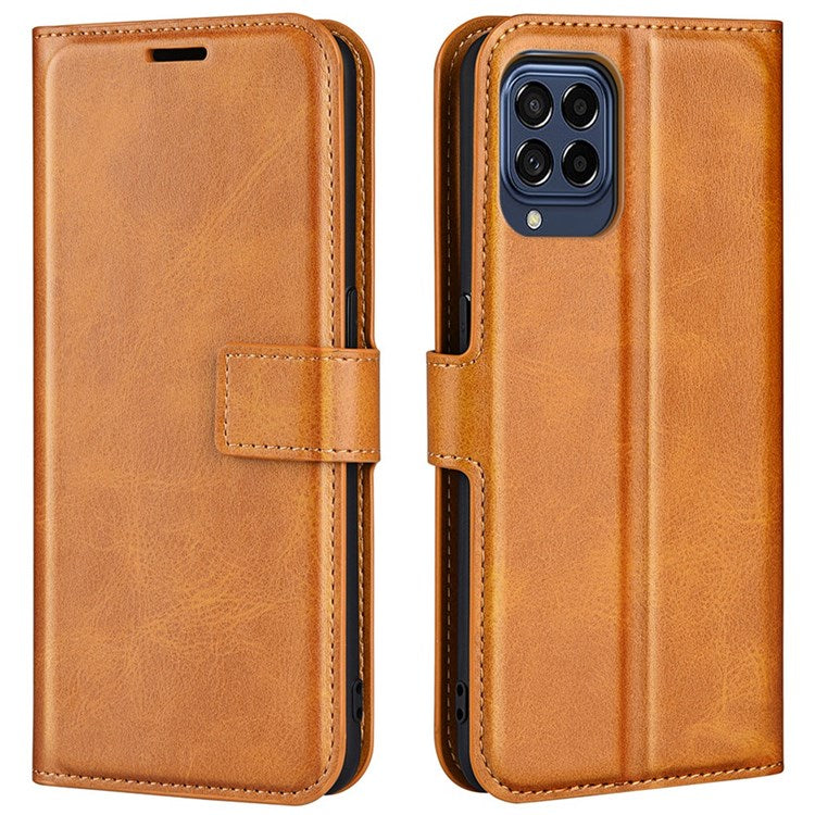 For Samsung Galaxy M33 5G (Global Version) Magnetic Clasp Textured PU Leather Stand Phone Case Wallet Folio Flip Cover - Yellow
