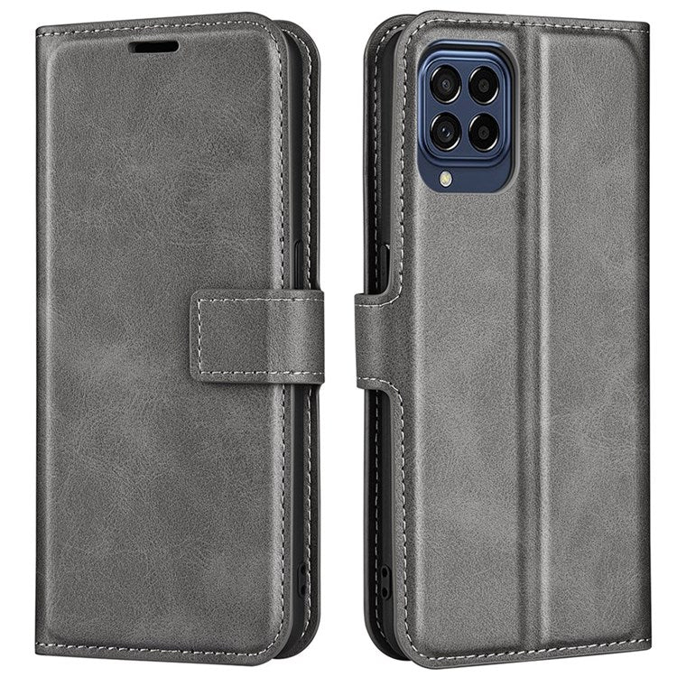 For Samsung Galaxy M33 5G (Global Version) Magnetic Clasp Textured PU Leather Stand Phone Case Wallet Folio Flip Cover - Grey