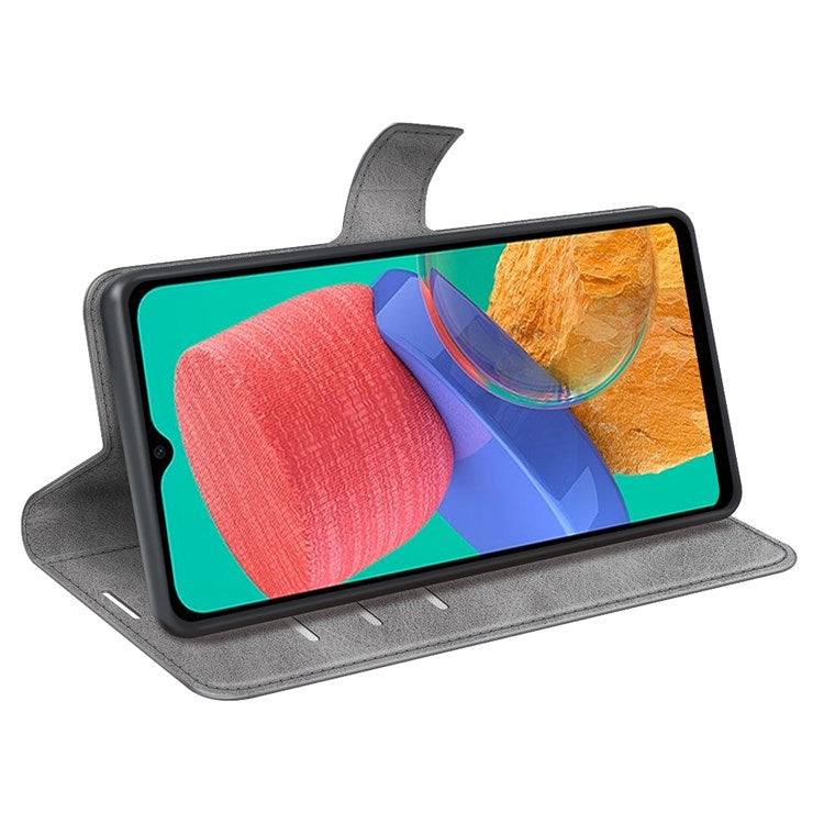 For Samsung Galaxy M33 5G (Global Version) Magnetic Clasp Textured PU Leather Stand Phone Case Wallet Folio Flip Cover - Grey