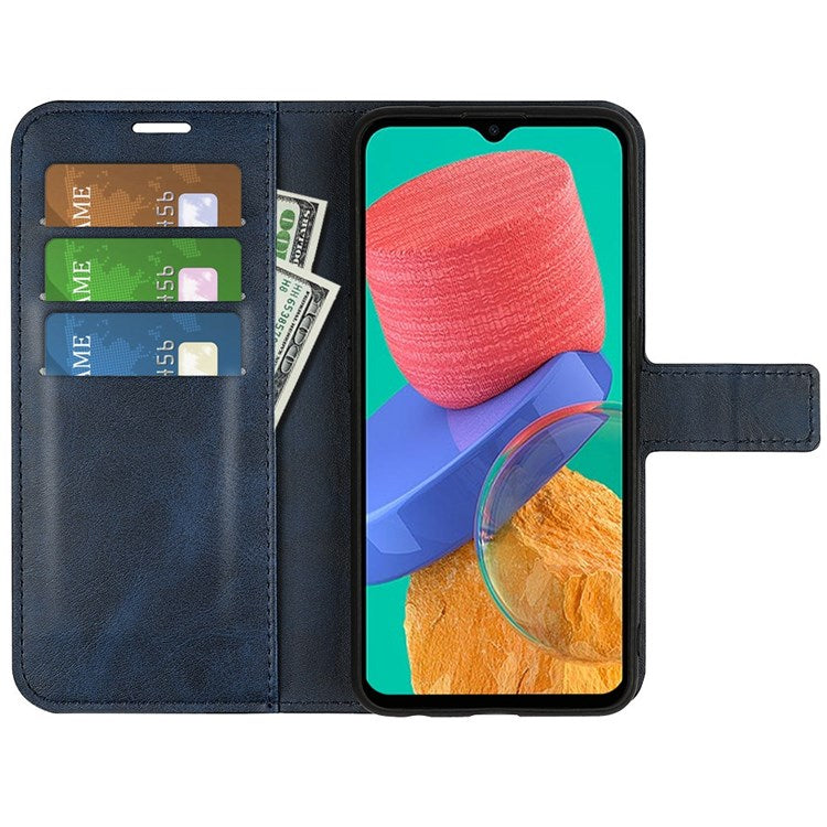 For Samsung Galaxy M33 5G (Global Version) Magnetic Clasp Textured PU Leather Stand Phone Case Wallet Folio Flip Cover - Blue