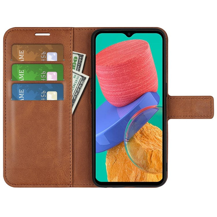 For Samsung Galaxy M33 5G (Global Version) Magnetic Clasp Textured PU Leather Stand Phone Case Wallet Folio Flip Cover - Light Brown