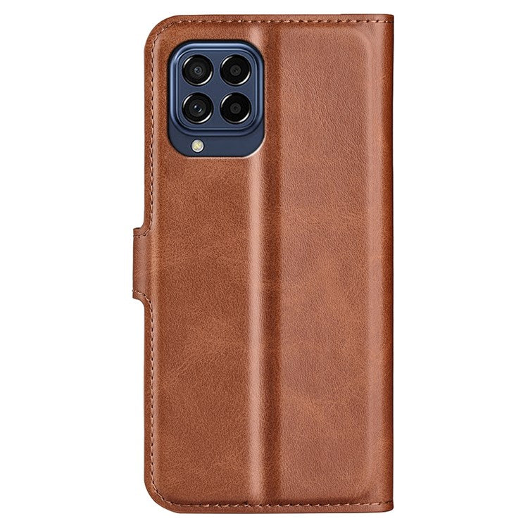 For Samsung Galaxy M33 5G (Global Version) Magnetic Clasp Textured PU Leather Stand Phone Case Wallet Folio Flip Cover - Light Brown