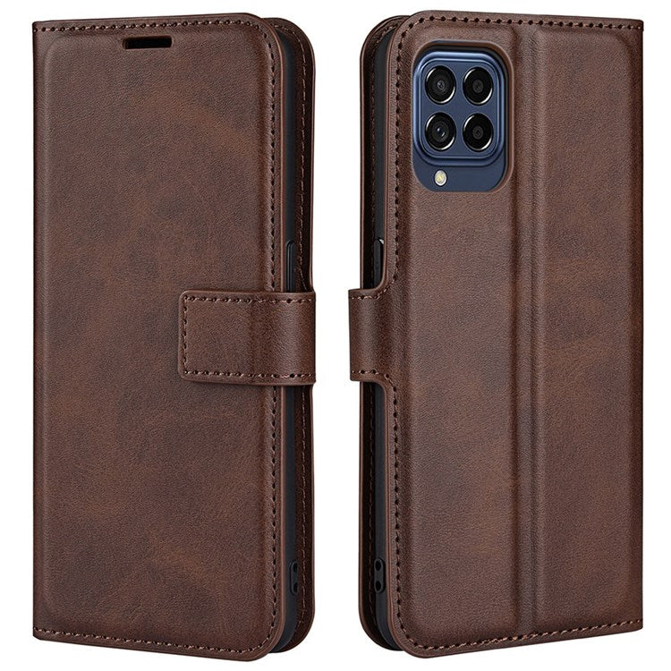 For Samsung Galaxy M33 5G (Global Version) Magnetic Clasp Textured PU Leather Stand Phone Case Wallet Folio Flip Cover - Brown