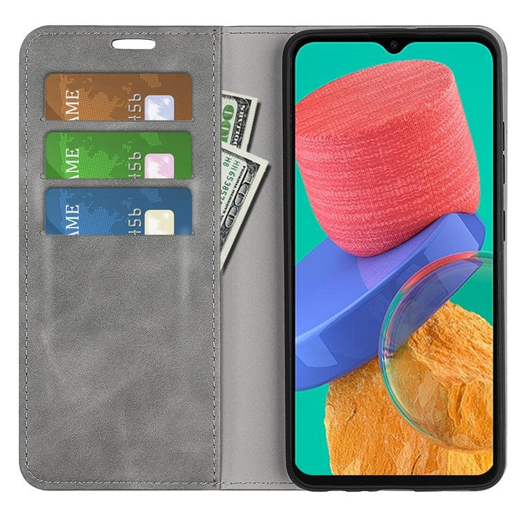For Samsung Galaxy M33 5G (Global Version) Skin-touch Feeling PU Leather Auto Closure Magnetic Phone Case with Wallet Stand - Grey