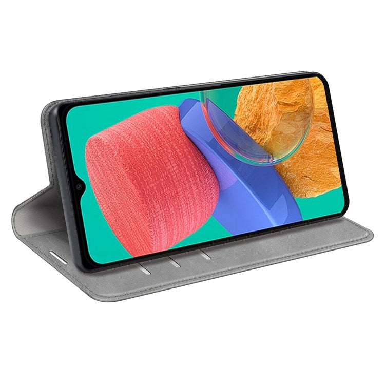 For Samsung Galaxy M33 5G (Global Version) Skin-touch Feeling PU Leather Auto Closure Magnetic Phone Case with Wallet Stand - Grey