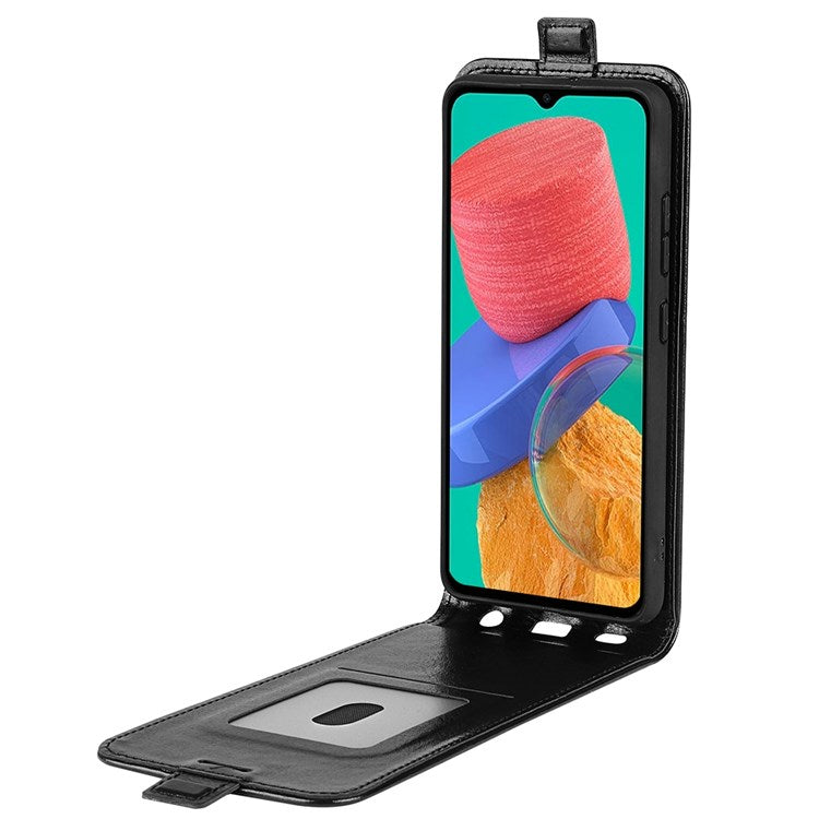 For Samsung Galaxy M33 5G (Global Version) Vertical Flip Crazy Horse Texture PU Leather Phone Case with Card Holder - Black
