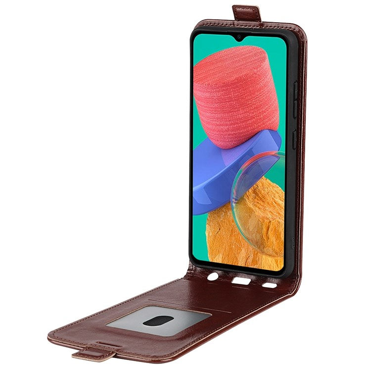 For Samsung Galaxy M33 5G (Global Version) Vertical Flip Crazy Horse Texture PU Leather Phone Case with Card Holder - Brown