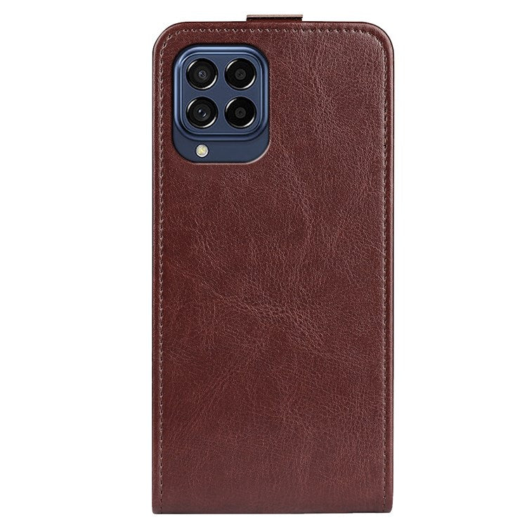 For Samsung Galaxy M33 5G (Global Version) Vertical Flip Crazy Horse Texture PU Leather Phone Case with Card Holder - Brown
