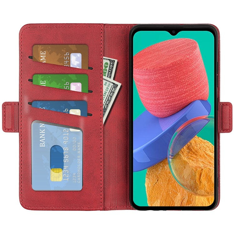 For Samsung Galaxy M33 5G (Global Version) Textured PU Leather Foldable Stand Phone Cover Magnetic Closure Wallet Flip Case - Red
