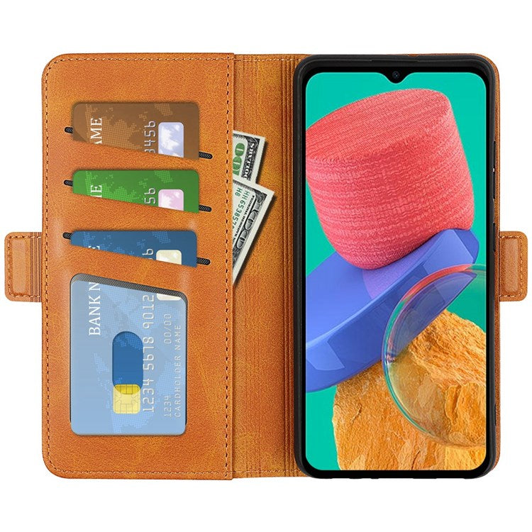 For Samsung Galaxy M33 5G (Global Version) Textured PU Leather Foldable Stand Phone Cover Magnetic Closure Wallet Flip Case - Yellow