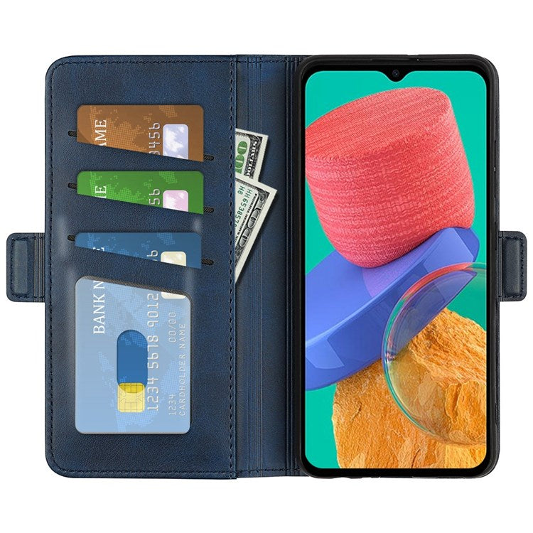 For Samsung Galaxy M33 5G (Global Version) Textured PU Leather Foldable Stand Phone Cover Magnetic Closure Wallet Flip Case - Blue