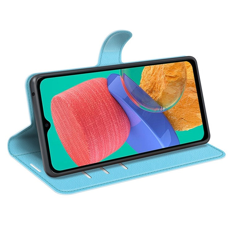 For Samsung Galaxy M33 5G (Global Version) Litchi Texture Leather Case Shockproof Stand Wallet Phone Protective Cover - Blue