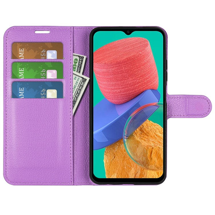 For Samsung Galaxy M33 5G (Global Version) Litchi Texture Leather Case Shockproof Stand Wallet Phone Protective Cover - Purple