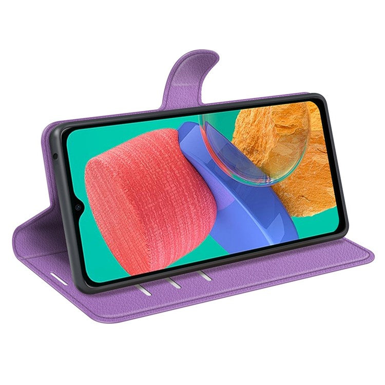 For Samsung Galaxy M33 5G (Global Version) Litchi Texture Leather Case Shockproof Stand Wallet Phone Protective Cover - Purple