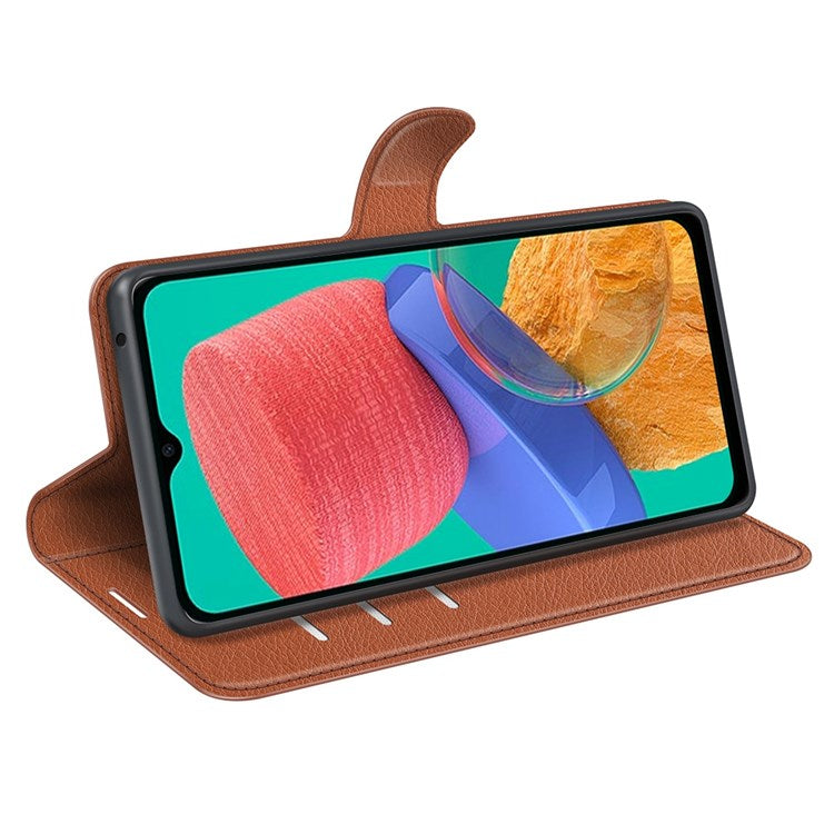 For Samsung Galaxy M33 5G (Global Version) Litchi Texture Leather Case Shockproof Stand Wallet Phone Protective Cover - Brown