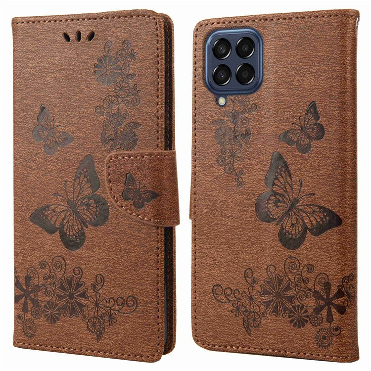For Samsung Galaxy M53 5G Wallet Case Butterfly Flower Imprinted PU Leather Stand Flip Protective Cover with Hand Strap - Brown