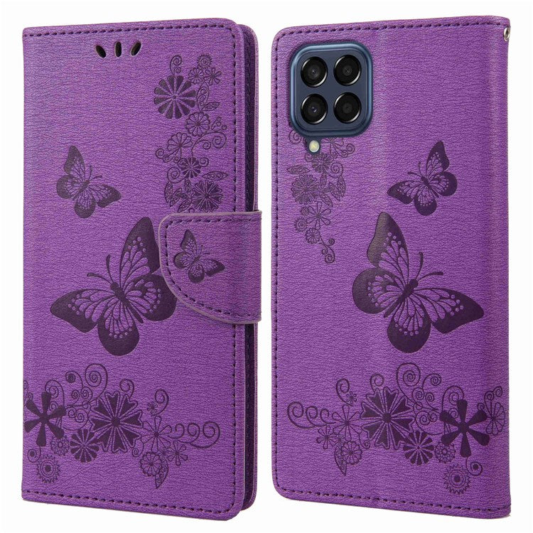 For Samsung Galaxy M53 5G Wallet Case Butterfly Flower Imprinted PU Leather Stand Flip Protective Cover with Hand Strap - Purple