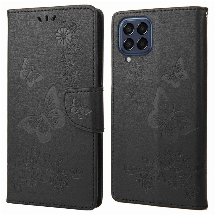 For Samsung Galaxy M53 5G Wallet Case Butterfly Flower Imprinted PU Leather Stand Flip Protective Cover with Hand Strap - Black