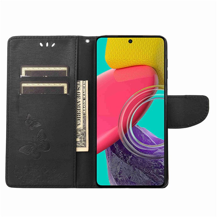 For Samsung Galaxy M53 5G Wallet Case Butterfly Flower Imprinted PU Leather Stand Flip Protective Cover with Hand Strap - Black