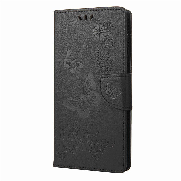 For Samsung Galaxy M53 5G Wallet Case Butterfly Flower Imprinted PU Leather Stand Flip Protective Cover with Hand Strap - Black
