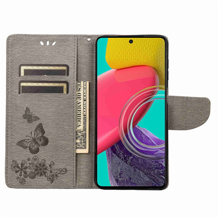 For Samsung Galaxy M53 5G Wallet Case Butterfly Flower Imprinted PU Leather Stand Flip Protective Cover with Hand Strap - Grey