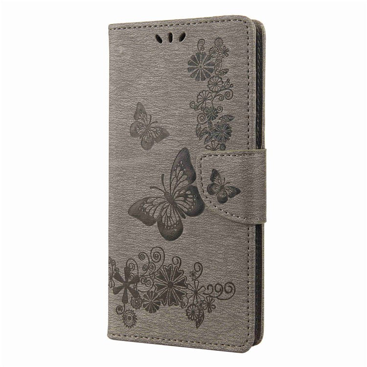 For Samsung Galaxy M53 5G Wallet Case Butterfly Flower Imprinted PU Leather Stand Flip Protective Cover with Hand Strap - Grey