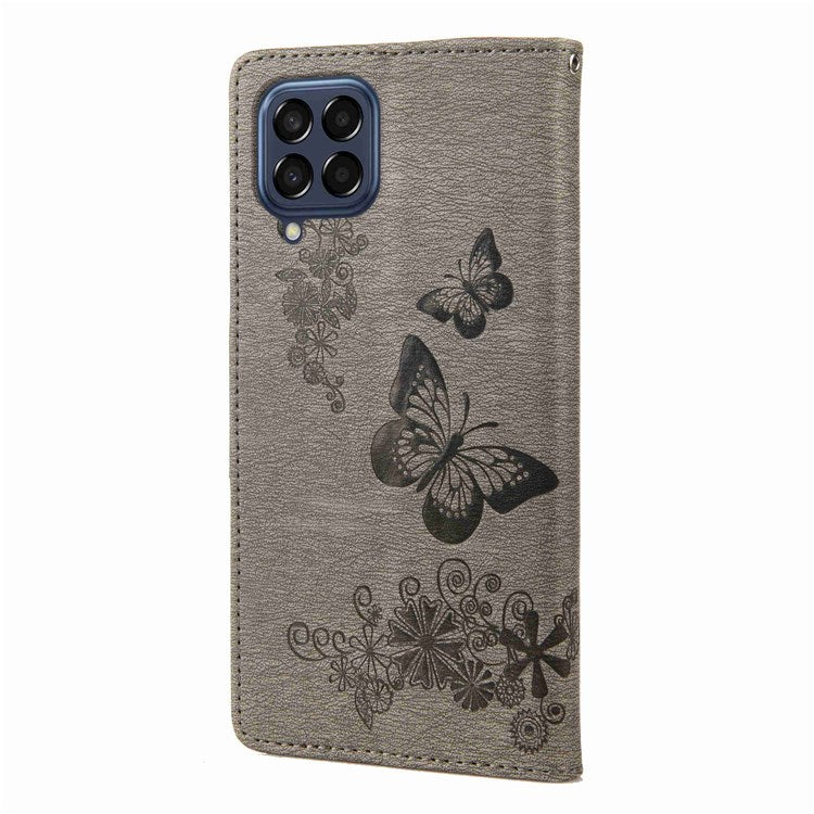For Samsung Galaxy M53 5G Wallet Case Butterfly Flower Imprinted PU Leather Stand Flip Protective Cover with Hand Strap - Grey